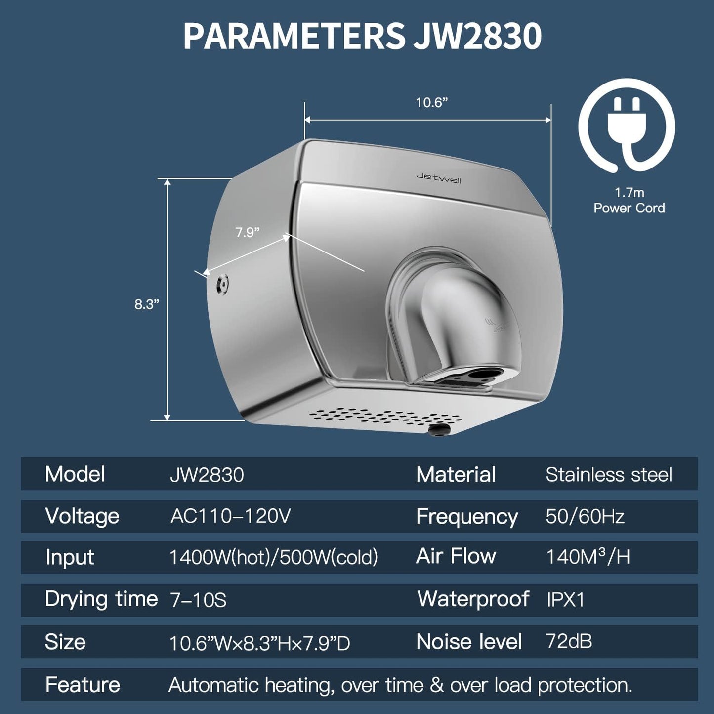 JETWELL Medium Size High Speed Commercial Automatic Hand Dryer - JW2830