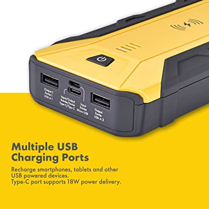 Shell SH916WC 1200A 12V Portable Lithium Jump Starter for 7-Liter Gasoline & 3-Liter Diesel Engines, 10 Safety Protections, Wireless Charging, Power Bank, 3 USB Ports, Battery Booster + Jumper Cables