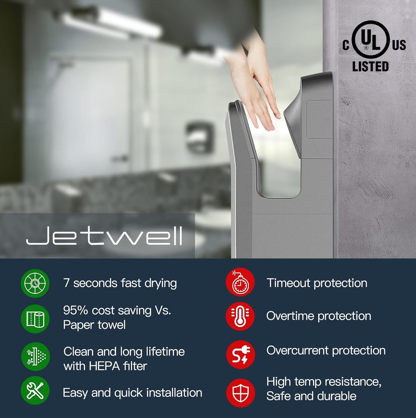 JETWELL High Speed Commercial Vertical Jet Hand Dryer with HEPA Filter 1850W Hand Blower - JW2025