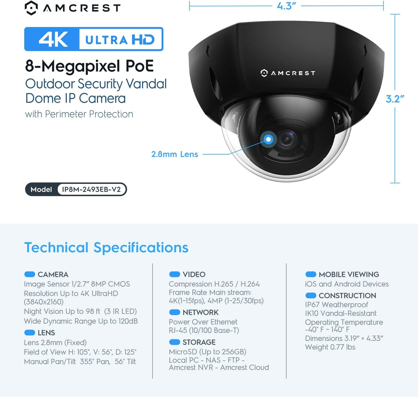 Amcrest UltraHD 4K (8MP) Dome POE IP Camera Security, Black (IP8M-2493EB-V2)