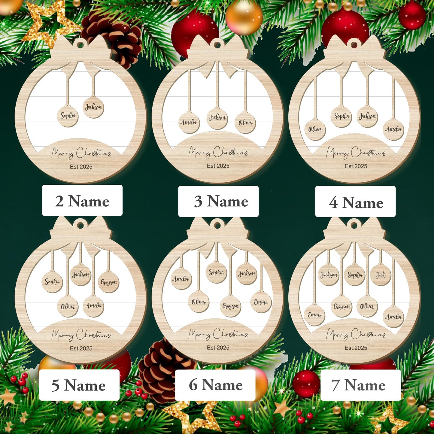 Personalized Christmas Ornaments with Name,Wooden Christmas Tree Ornaments 2024 with Custom Family Name for Kids Adults,Xmas Ornaments For Christmas Tree Gifts (01-6 Styles of Christmas Ornament)