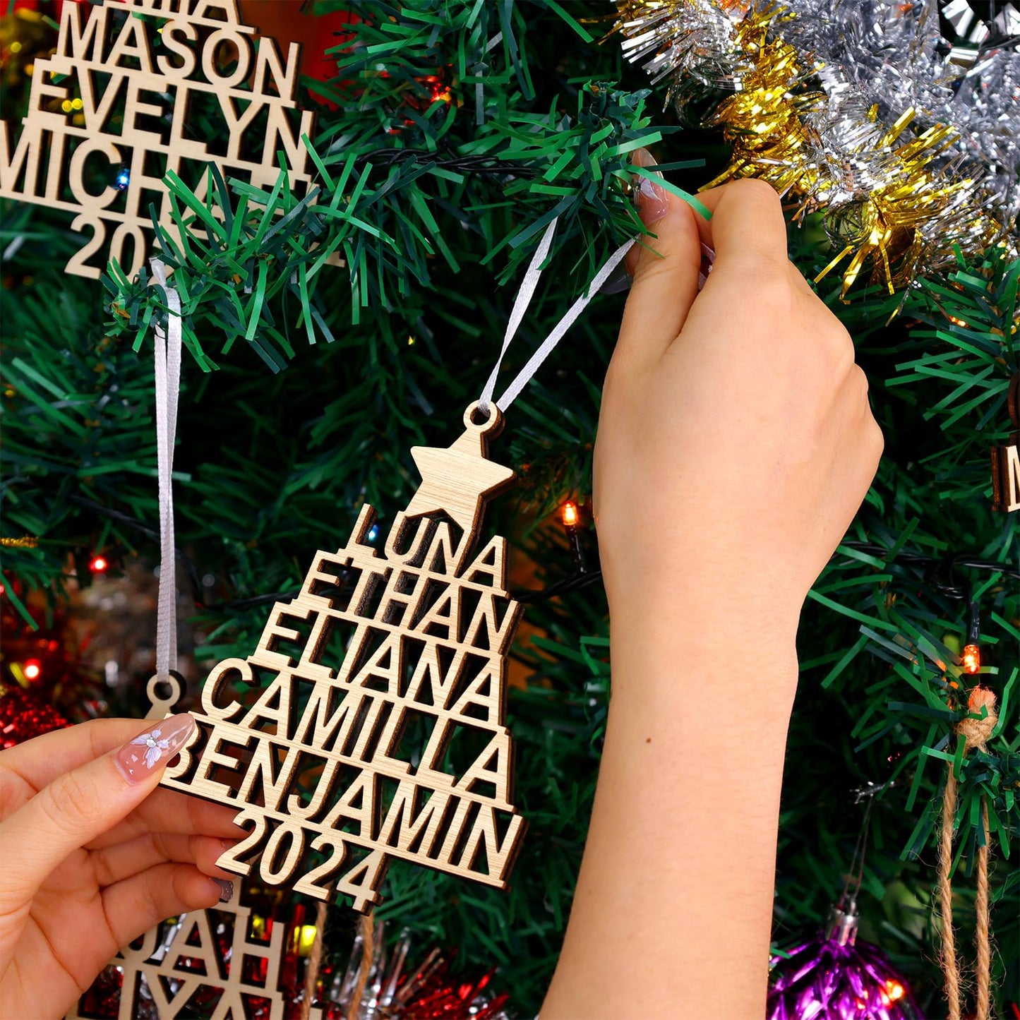 Personalized Christmas Ornaments with Name,Wooden Christmas Tree Ornaments 2024 with Custom Family Name for Kids Adults,Xmas Ornaments For Christmas Tree Gifts (01-6 Styles of Christmas Ornament)