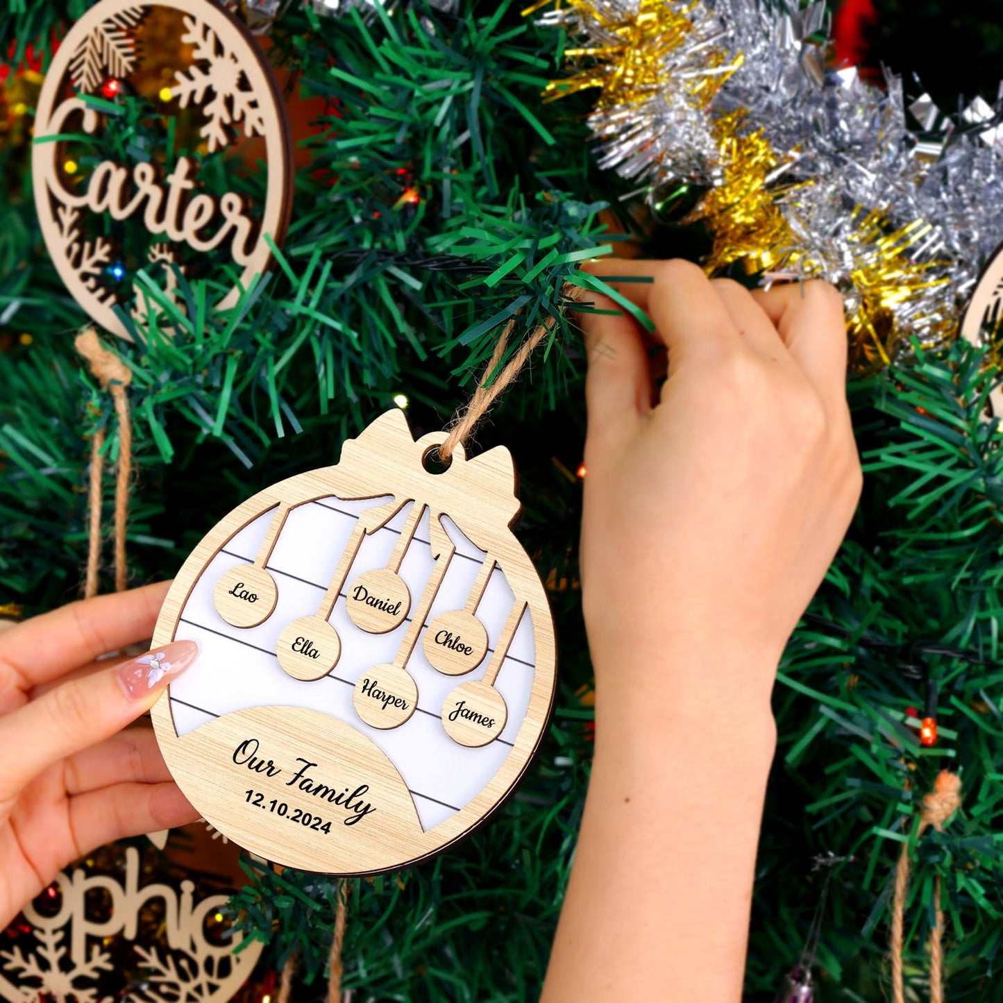 Personalized Christmas Ornaments with Name,Wooden Christmas Tree Ornaments 2024 with Custom Family Name for Kids Adults,Xmas Ornaments For Christmas Tree Gifts (01-6 Styles of Christmas Ornament)