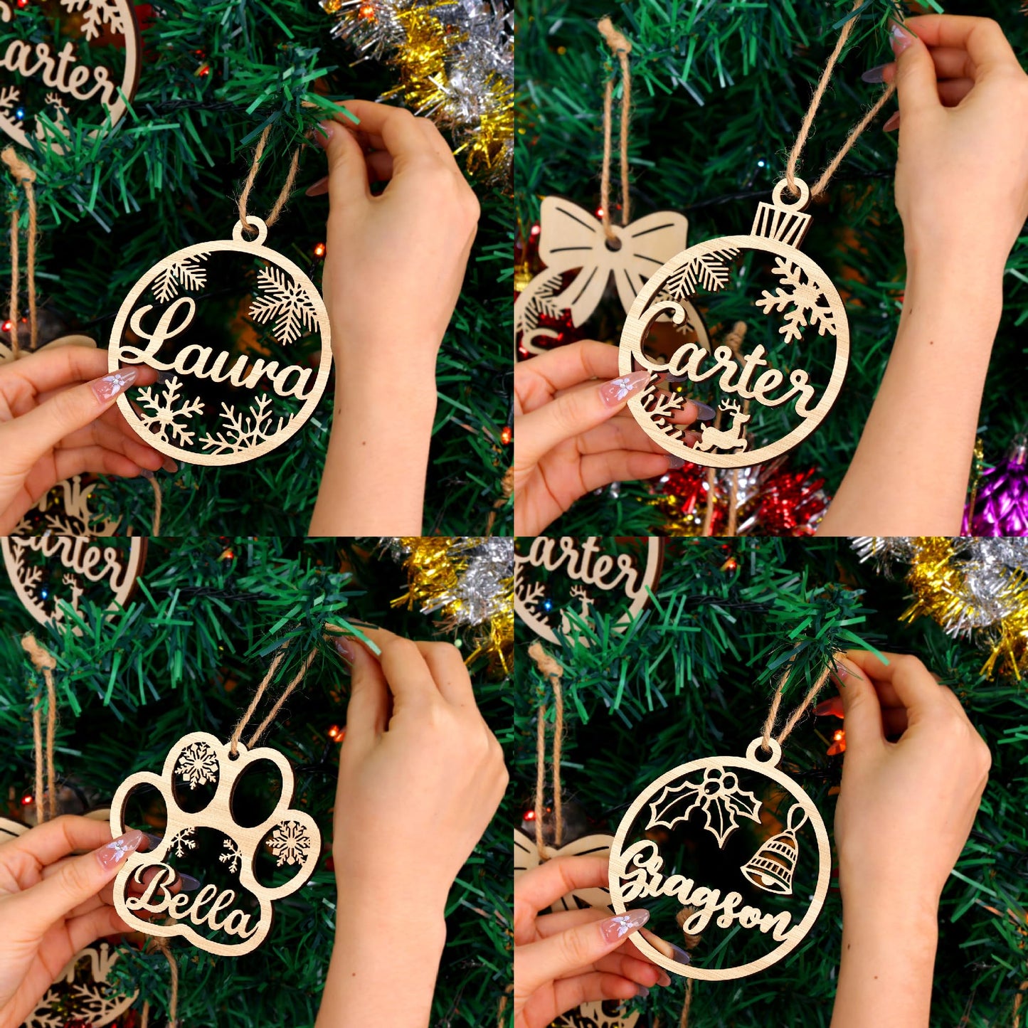 Personalized Christmas Ornaments with Name,Wooden Christmas Tree Ornaments 2024 with Custom Family Name for Kids Adults,Xmas Ornaments For Christmas Tree Gifts (01-6 Styles of Christmas Ornament)