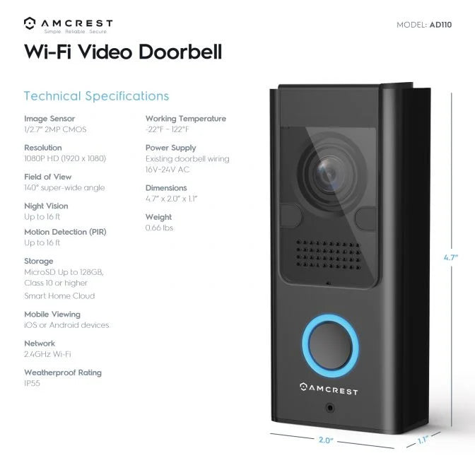 Amcrest SmartHome Video Doorbell Camera, Two-Way Audio, 140º Wide Angle, AD110