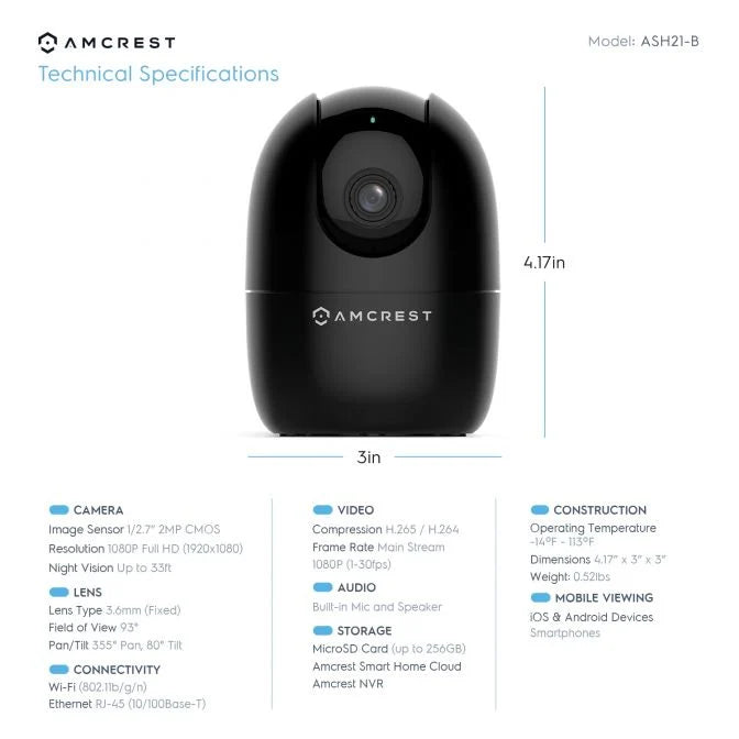 Amcrest SmartHome AI Human Detection WiFi Camera Pan/Tilt ASH21-Black
