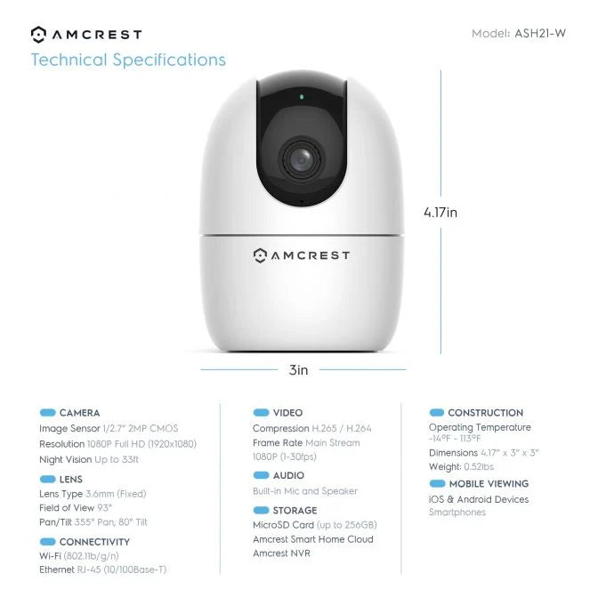 Amcrest SmartHome AI Human Detection WiFi Camera Pan/Tilt ASH21-White