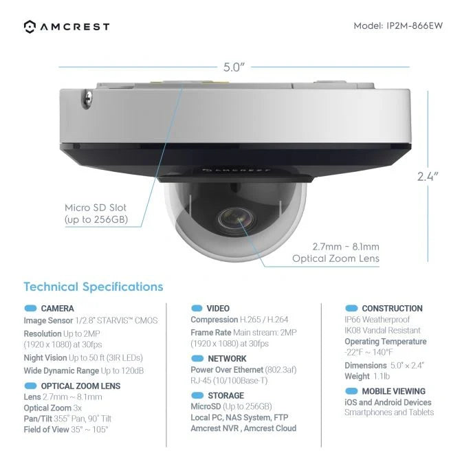 Amcrest 2MP PTZ PoE Camera 3x Optical Zoom IP66, IK08, IP2M-866EW