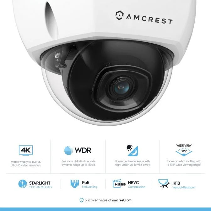 Amcrest 4K Dome IP POE Camera 105° FOV IP67 IK10 IP8M-2493EW-V2