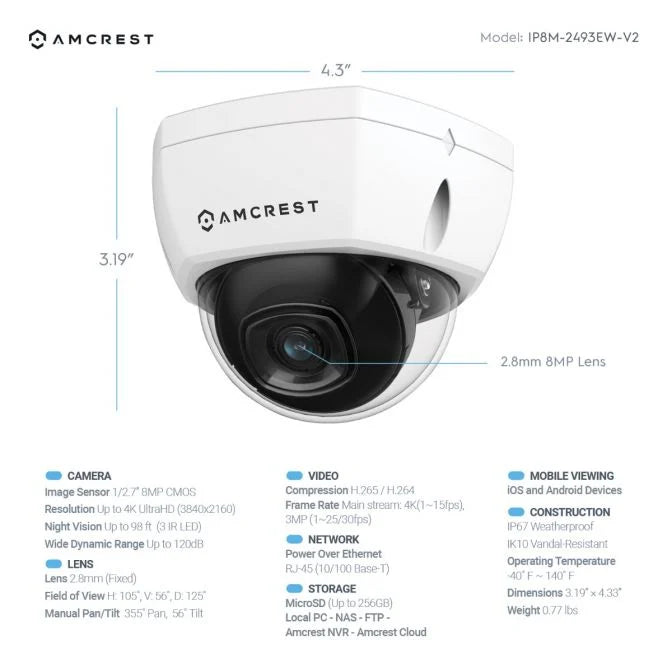 Amcrest 4K Dome IP POE Camera 105° FOV IP67 IK10 IP8M-2493EW-V2