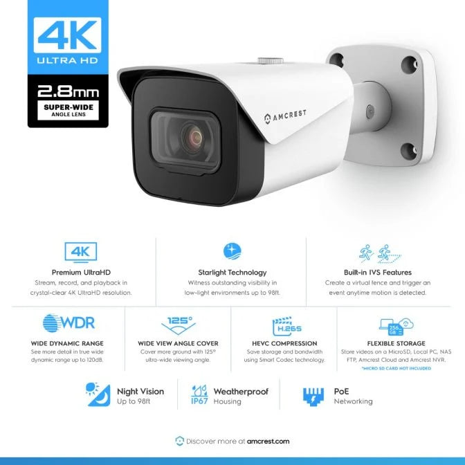 Amcrest 4K Outdoor Bullet PoE IP Camera, White IP8M-2496EW-V2