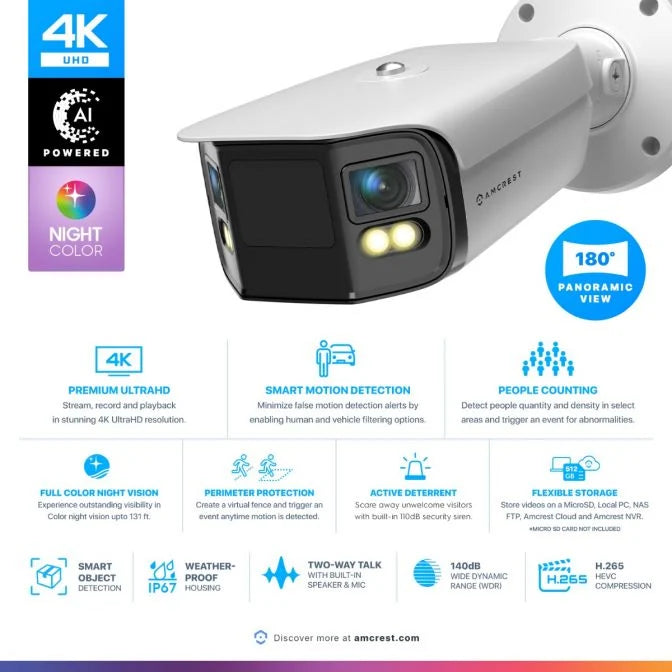 Amcrest Dual-Lens 4K (8MP) Outdoor Security POE Camera, IP8M-FCB2996EW-AI(White)